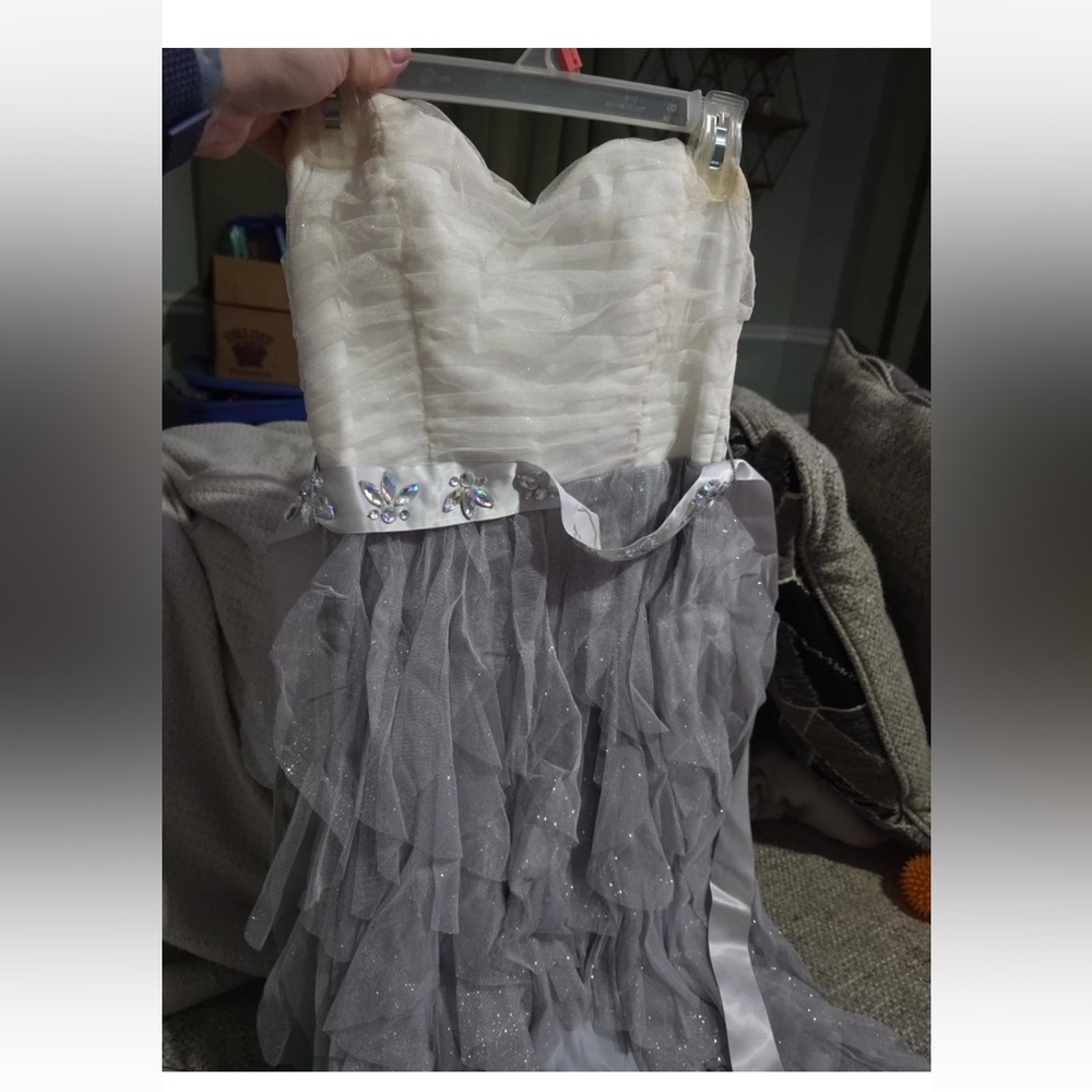 Teeze Me White and Gray Formal Hi-Low Dress